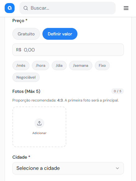 Defina o preço e adicione fotos